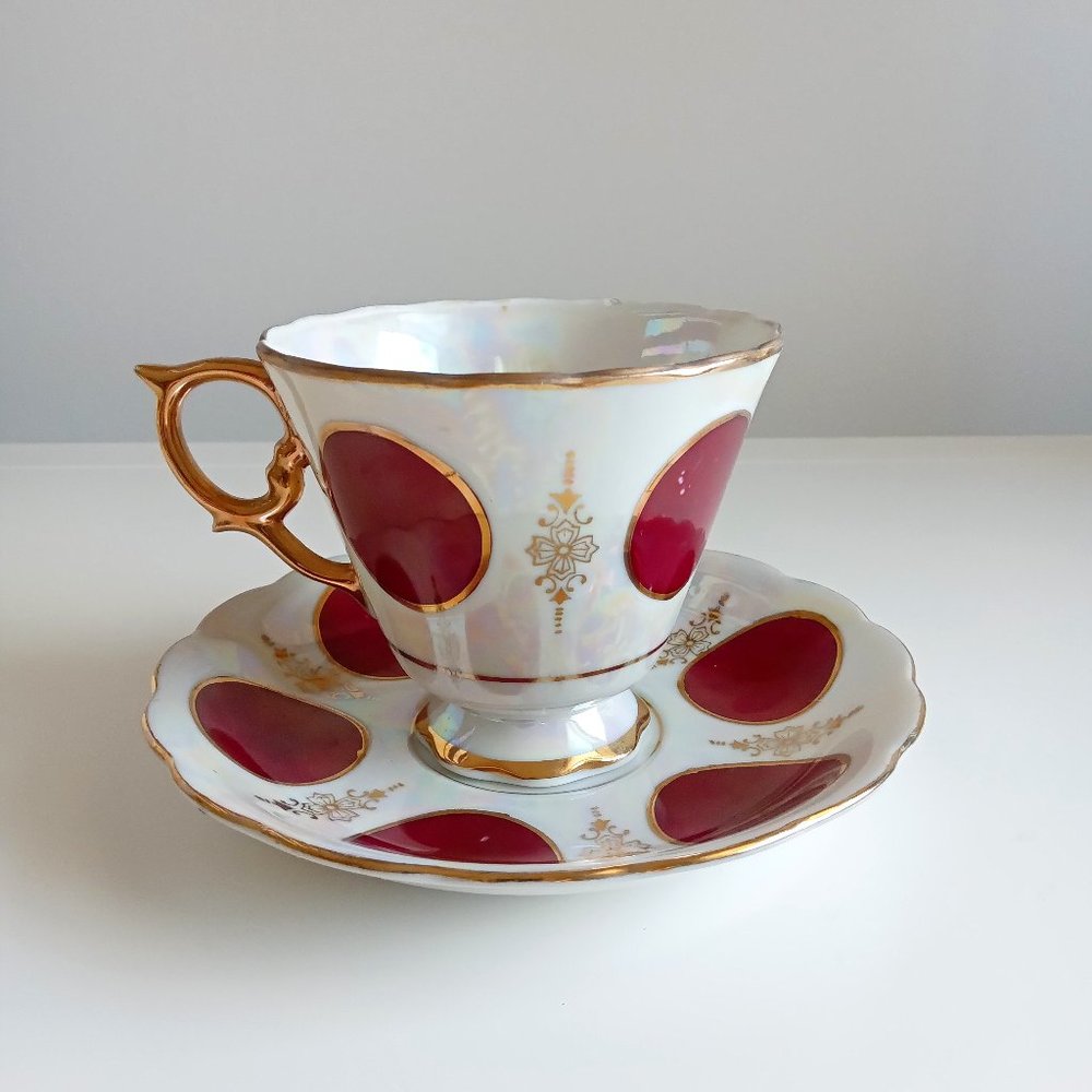 Lusterware Iridescent Pearl Glaze Footed Teacup & Saucer With Large Polka Dots